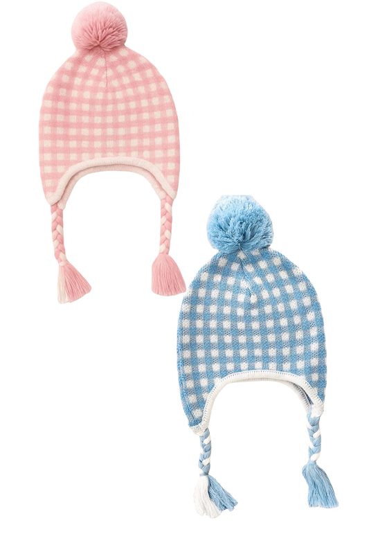 Pink/Blue Gingham Knit Winter Hats (RTS)